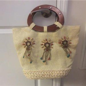 BLOOMINGDALES IVORY STRAW AND WOOD BEACH BAG